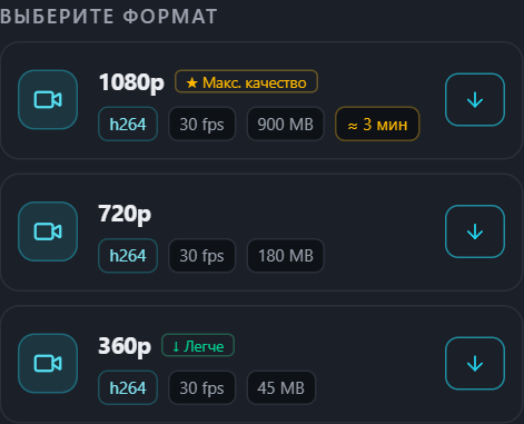 Список форматов PullVid с размером и примерным временем для каждого качества