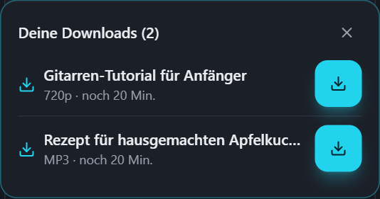 PullVid-Liste mit mehreren fertigen Downloads zur Auswahl