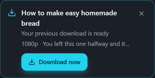 PullVid card offering to resume a download that stopped halfway