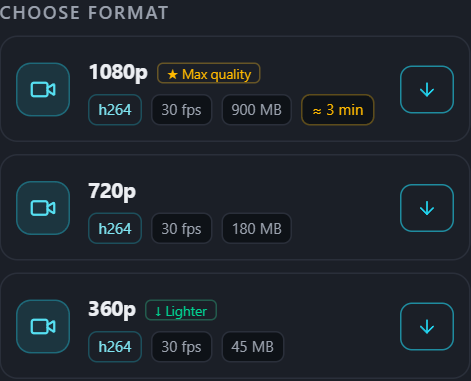 PullVid format list showing size and estimated time for each quality