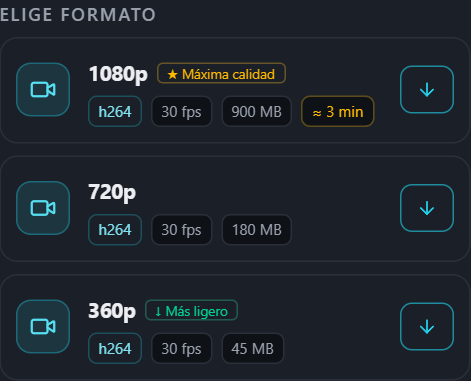 Lista de formatos de PullVid mostrando tamaño y tiempo estimado de cada calidad