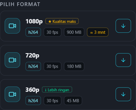 Daftar format PullVid menampilkan ukuran dan perkiraan waktu tiap kualitas