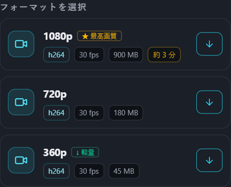 各画質のサイズと推定時間を表示するPullVidの形式リスト