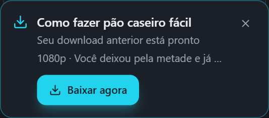 Cartão do PullVid oferecendo retomar um download que ficou pela metade