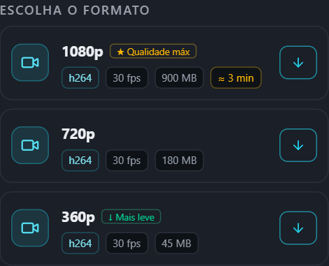 Lista de formatos do PullVid mostrando tamanho e tempo estimado de cada qualidade